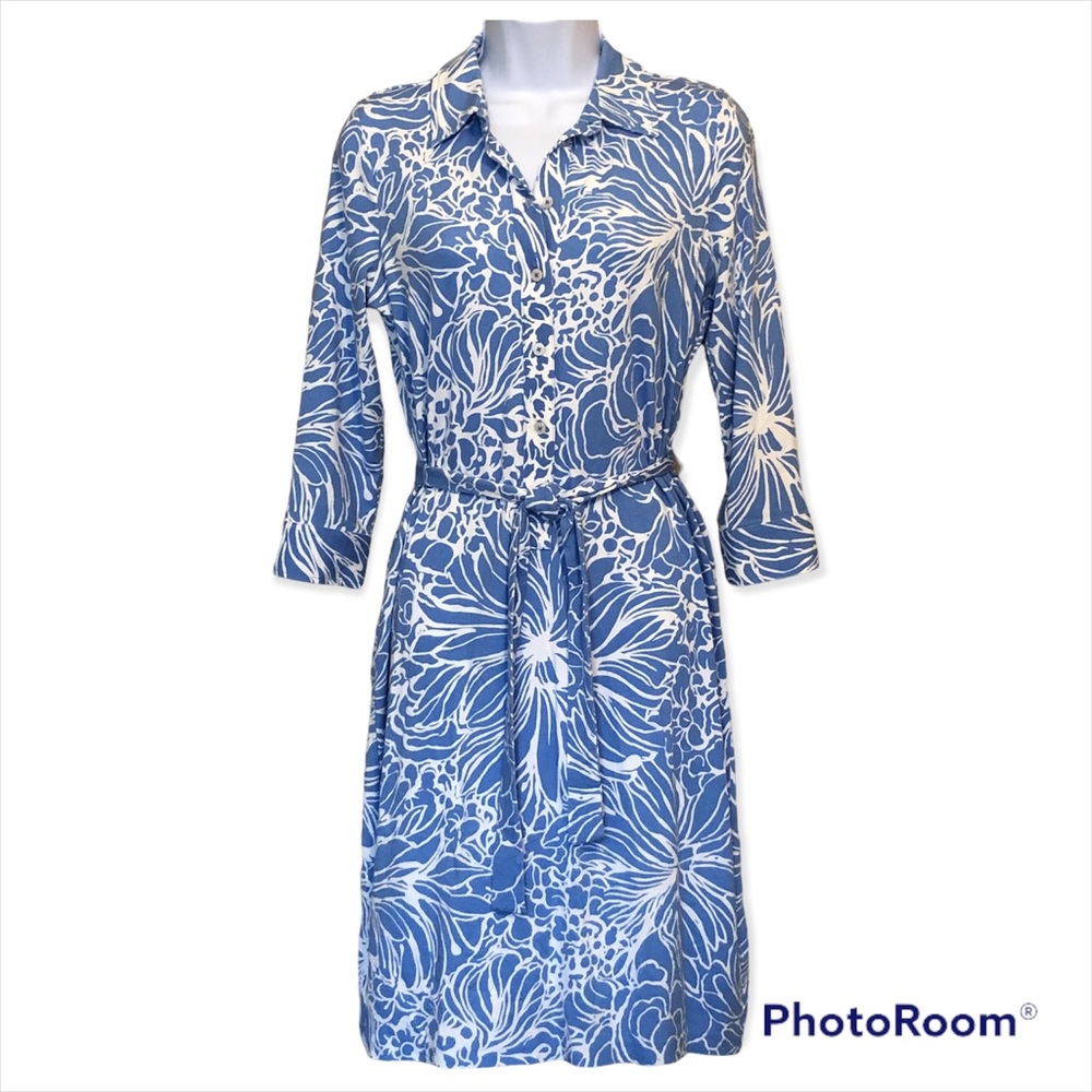 TALBOTS SIZE 6 PETITE BLUE & WHITE FLORAL PRINT DRESS MADE OF SOFT JERSEY FABRIC